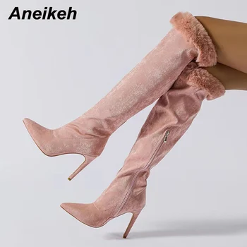 Aneikeh/2023 г. Нови модни модерни ботуши над коляното с кожа декорация на Тънък Висок ток, дамски официални модела обувки Розов цвят, с цип отстрани