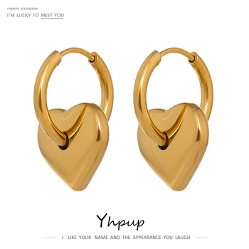 Yhpup Stainless Steel Сърце Huggie Earrings for Women Metal Fashion Golden 18 K Хоп Temperament бижута за жени Gift