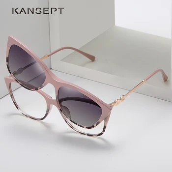 KANSEPT 2 В 1 чифт Слънчеви очила на клипсе Женски 2022 UV400 Поляризирани Оптични При Късогледство Магнитни Анти-Сини Светлинни Точки в Рамките на Ретро Котешко Око