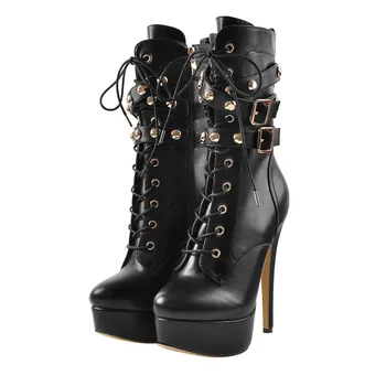 Onlymaker/ женски ботильоны на платформата, модни обувки на Висок Тънък ток с метални пластини, катарама, мълния, обувки на висок ток с шнур