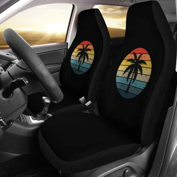 Черен Комплект Калъфи за автомобилни седалки в ретро стил от Слънцето и една палма, Комплект от 2 Универсални защитни покривала за предните седалки