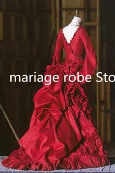 Червено Викторианска бална рокля за абитуриентски бал, рокля Дракула на Брам Стокър Мини Рокля на Вампир с дълъг ръкав, естествена коприна готически доброто карнавалния костюм и Вечерна рокля