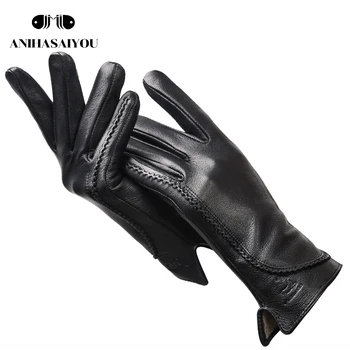Модни прости топли зимни ръкавици, дамски топли ръкавици от естествена кожа, дамски черни, с имитация на текстури еленова кожа кожа - 2289