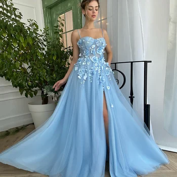 Син Абитуриентски рокли Секси спагети презрамки 3D цветя страна Сплит вечерна рокля елегантни линии Абитуриентски рокли почистване на влак