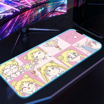 Подложка За Мишка Xxl Геймърска Подложка За Мишка LED Pc Gamer Аксесоари Розово Sailor Moon RGB Подсветка Тенис на Мат Клавиатура Големи Аниме Разширени Мишката