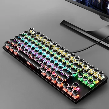 Жичен механична клавиатура пънк ретро пишеща машина кръгла капачка клавиатура детска ръчна смесена светлина RGB офис клавиатура