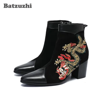 Batzuzhi/мъжки обувки на висок ток 7,8 см; Къса модел ботуши до Глезена на крака; черен Велур джентльменские обувки джоб с Бродерия и Тотем; мъжки Botas Homb