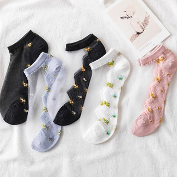 5 Двойки Женските Чорапи Harajuku, Летни Дантелени Къси Чорапи с Цветен Модел, Ежедневни Чорапи, Еластични Прозрачни Невидими Чорапи, Дамски Чорапи До Глезена