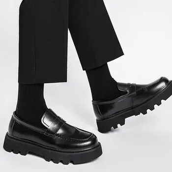 Мъжки Кожени Обувки в корейски Стил Харадзюку, Мъжки Кожени Обувки В Уличном Стил, Модерен Бизнес Ежедневни Обувки На Дебелото Платформа От Естествена Кожа, Сватбени Мъжки Лоферы, Обувки