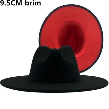 Зимна мода вълнена черна ЧЕРВЕНА Фетровая шапка, дамски шапка-цилиндър, мъжка шапка, проста шапка с широка периферия, есенна мода джаз шапка