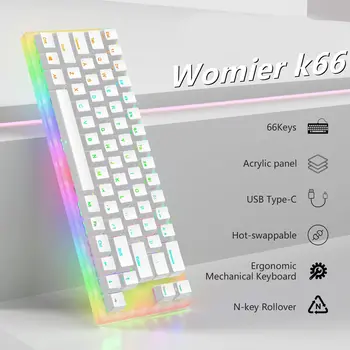 Womier K66 Механична Клавиатура USB Hotswap RGB Подсветка Мини Детска Клавиатура Gateron Switch 60% Оформление 66 Комбинации за PC, PS4 Xbox