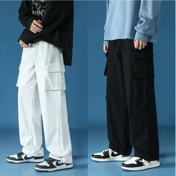 Памучни Черни/бели Панталони-карго, Мъжки Модни Широки Панталони с много джобове, Мъжки Улични преки Свободни Панталони в стил хип-хоп, Мъжки Панталони