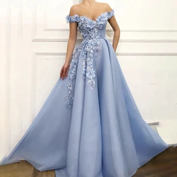 С отворени рамене, Апликация във формата на 3D Цветя с Кристали, Синя Рокля за Бала, секси Вечерна рокля дантела Отзад, abiti da cerimonia donna