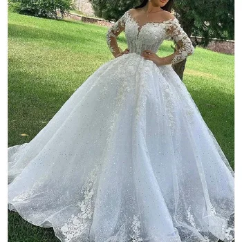 Принцеса бална рокля сватбена рокля с дълъг ръкав сладък булката сватбена рокля плюс размер лейси апликация сватбена рокля по поръчка